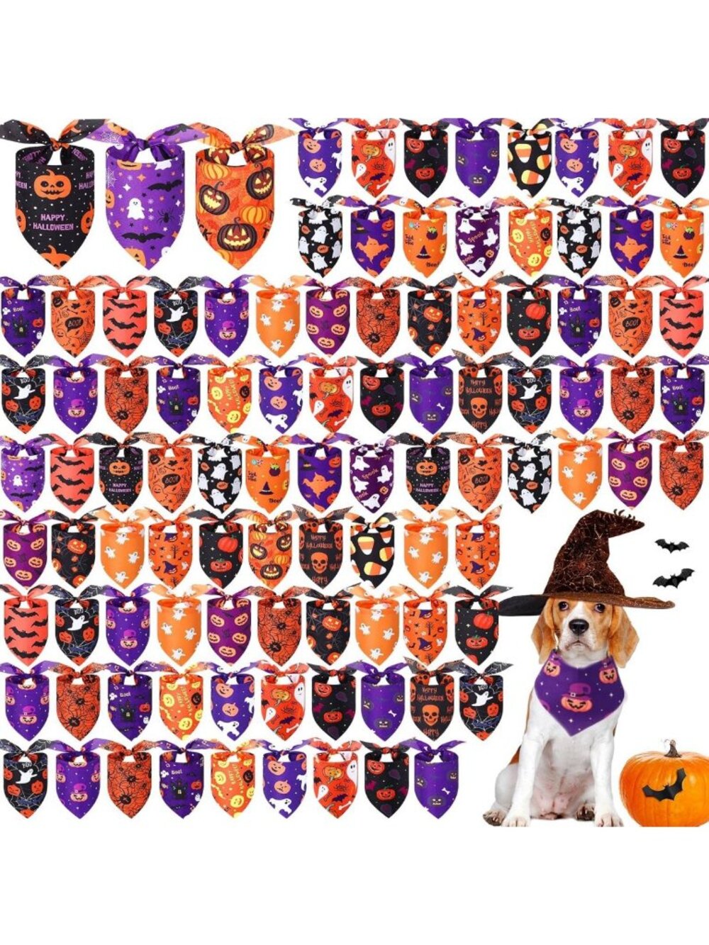 100 Halloween Dog Bandanas - Pumpkin, Ghost, Bat & Skull Designs - 100 Pcs Bulk